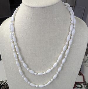 Long White Glass Bead Necklace